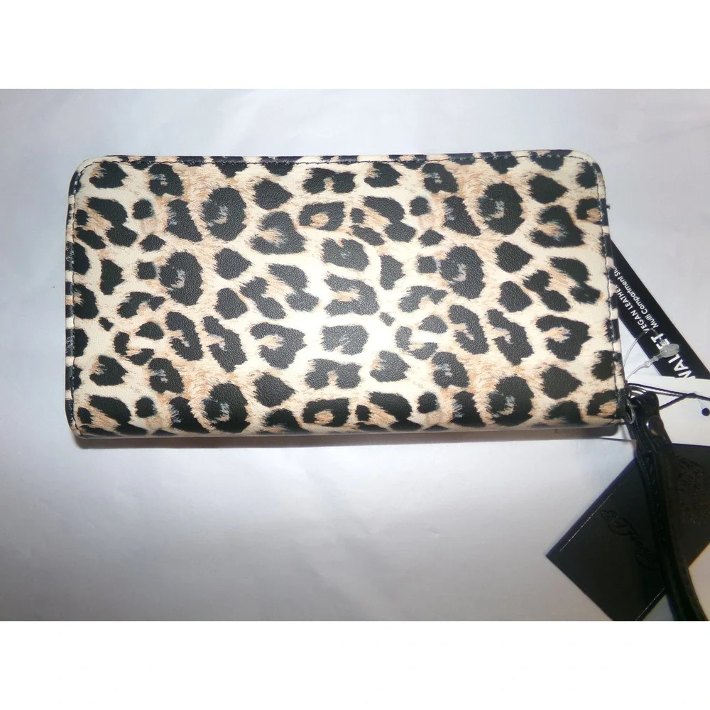 Ed Hardy Eternal Love Leopard Print Vegan Leather Zip Around Wristlet Wallet NEW